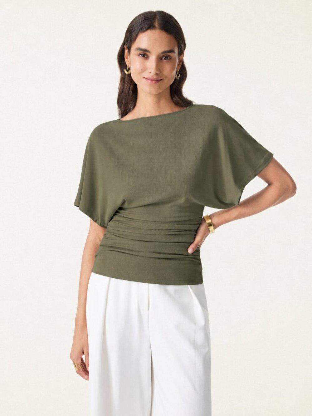 NWT OGL Sandwashed Effortless Boatneck Batwing Sleeve Side Ruched Top Olive XL